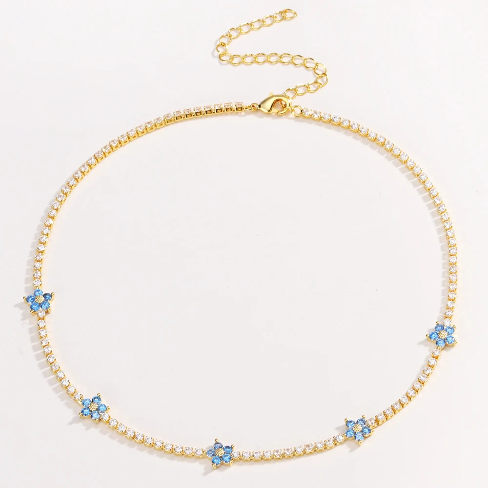 Moda estiva Blu Verde Rosso Fiore bianco Cubic Zirconia Fascino di cristallo CZ Collana a catena da tennis per donne Eleganti gioielli da festa