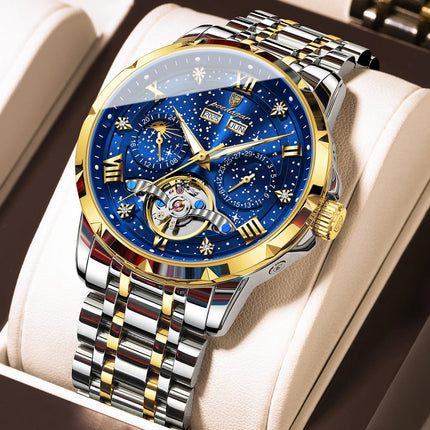 POEDAGAR Top Orologio da uomo originale Orologio meccanico automatico da uomo in acciaio inossidabile Calendario Hollow Tourbillon Orologio da uomo Maschio + scatola platinumshop