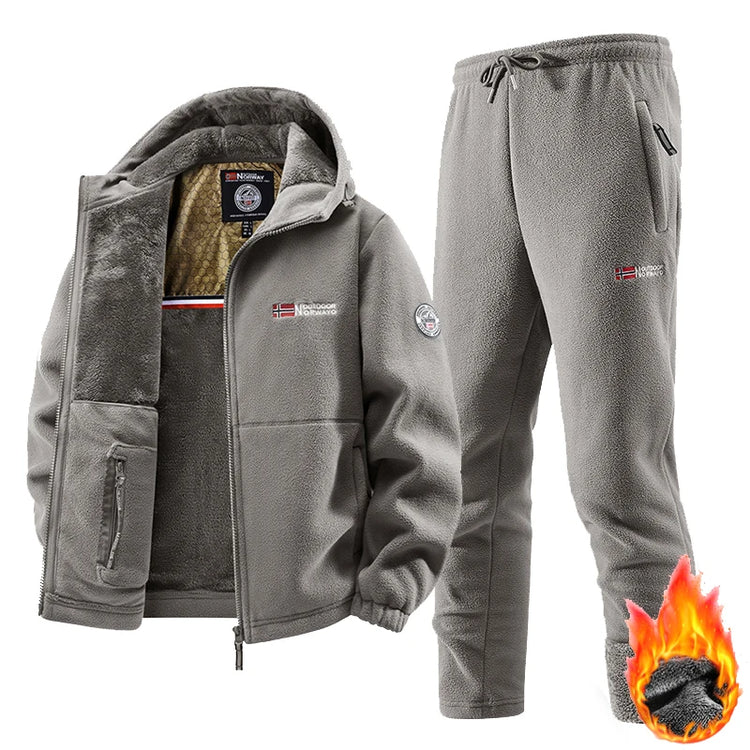 2025 New Winter Sportswear Set Mens Retro Training Thick Fleece Jacket + Pants Two Piece Set Casual Ski Running Tracksuit Suit