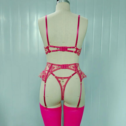 Sexy Lingeries Floral Embroidery Bow Lace Bra Garter Panty Set See Through Sheer Erotic Costumes Woman Underwear 4-piece Sets