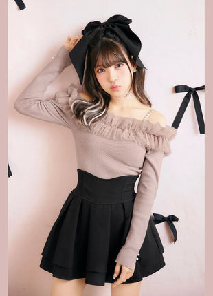Minigonna a balze Lautaro Primavera Estate Nera Dolce Carina Kawaii a Vita Alta da Donna, Abbigliamento Cutecore Stile Giapponese Moda