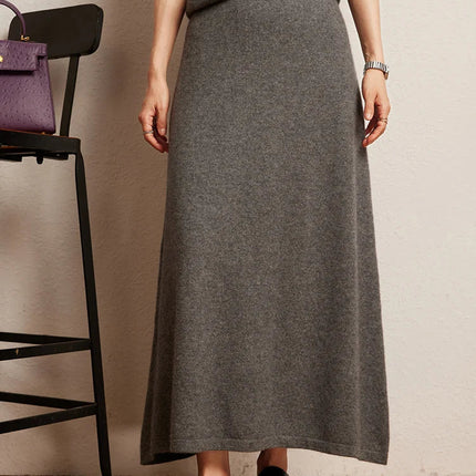 Korean Long Skirt Women's Wave Skirt 100% Cashmere Straight Skirt Knit Autumn Winter Skirt Warm Elegant Casual Knee Length Dress PlatiNum