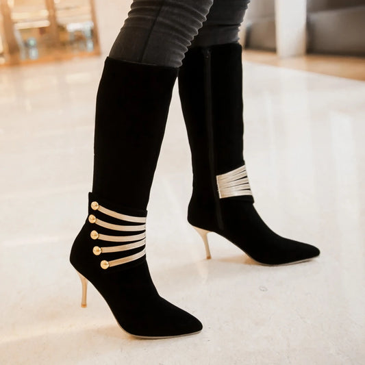 Women's Boots with Fleece Lining, 2024 Winter New Style, Stiletto Heel Women's Boots, High-Heeled Long Boots, Side Zipper, Extra Large Size 47, Women's Fashion Shoes, Elegant Designer Style