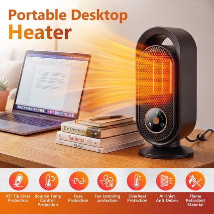 Electric Heater with Touch Control, PTC Ceramic Fast Heating, 3 Speeds 4 Timers, Energy Efficient Desk Warmer for Home Office