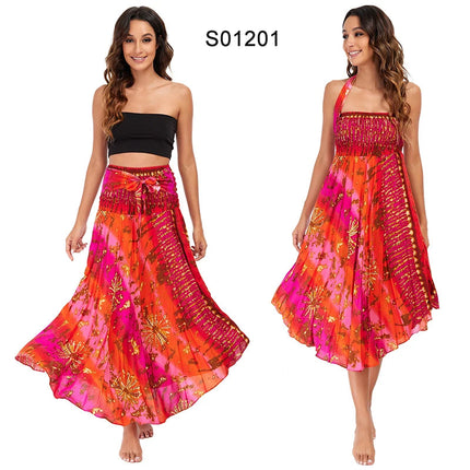 Boho Gonne Donna Rayon Beach Abito lungo Estate Bohemian Jupe Longue Femme Elastico in vita Stampa Fasciatura floreale Halter Hippie platinumshop