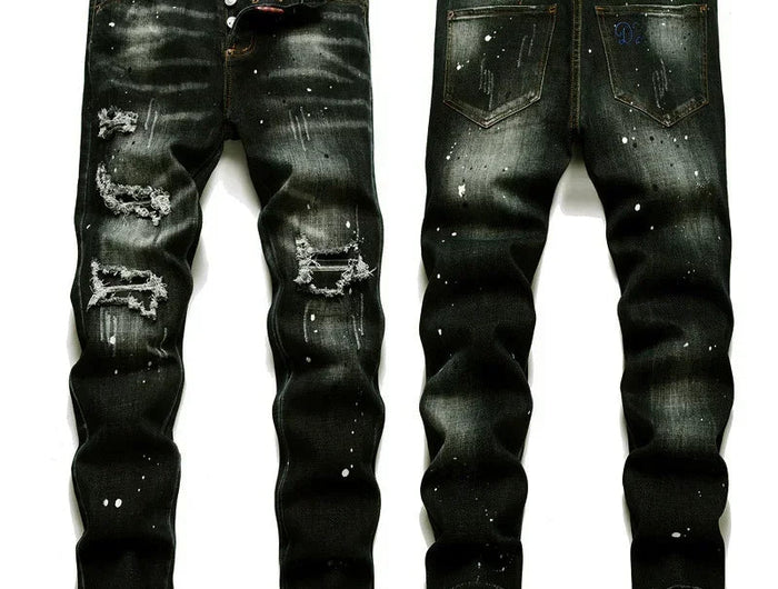 New Fashion Men Black Ripped Denim Jeans talian High Street Style Denim Pants High Quality Male Slim Fit Denim Trousers Size 38 PlatiNum