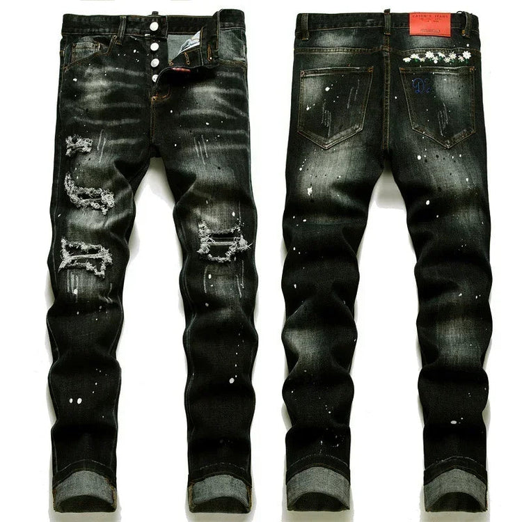 New Fashion Men Black Ripped Denim Jeans talian High Street Style Denim Pants High Quality Male Slim Fit Denim Trousers Size 38 PlatiNum