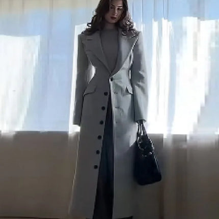 Women's Long Coat Slim V Neck Single Breasted Overcoats Shoulder Pad Maxi Jackets with Belt 2025 New Winter Lady Commute Outwear