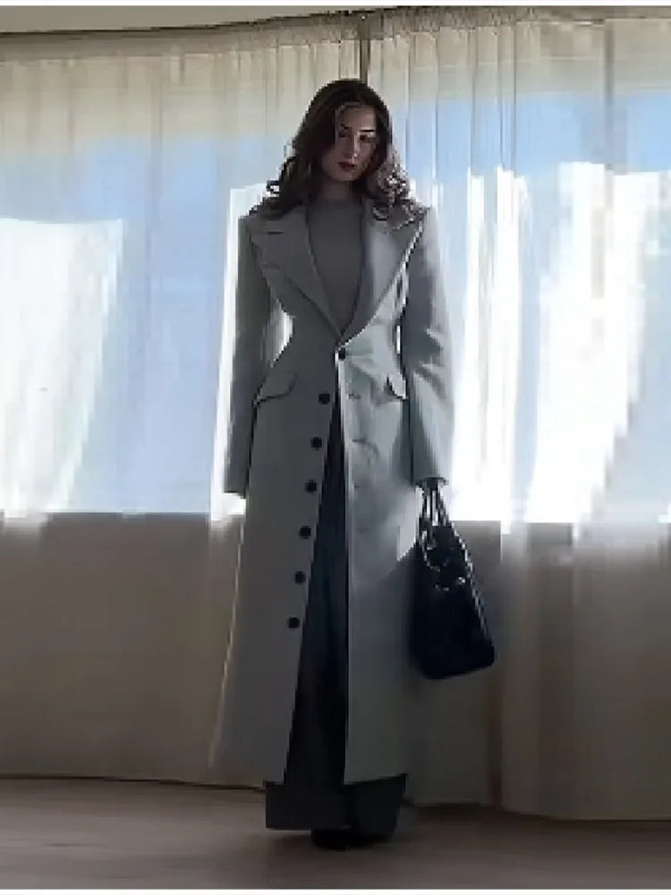 Women's Long Coat Slim V Neck Single Breasted Overcoats Shoulder Pad Maxi Jackets with Belt 2025 New Winter Lady Commute Outwear
