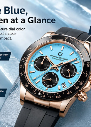 Nuovo Orologio da Uomo PAGANI DESIGN Cronografo di Lusso in Oro Rosa, Quadrante Blu Ghiaccio 40mm, Vetro Zaffiro, Impermeabile 100M, Cinturino in Gomma, Orologio Sportivo Maschile + CONFEZIONE REGALO