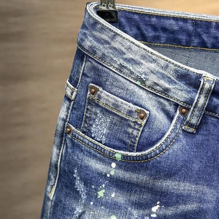 Spring and Autumn New Fashion Trend Ripped Retro Straight Leg Blue Jeans Men's Casual Loose Comfortable Breathable Denim Pants PlatiNum