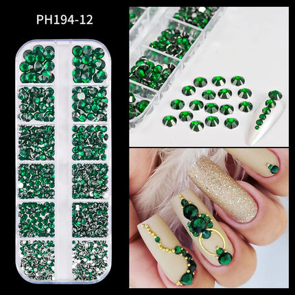 12 Grids Mixed Size Nail Rhinestones SS6 to SS30 Shiny Clear Gold Pink Blue Flat Back Glass Gems for DIY Nail Art Manicure Decoration Supply
