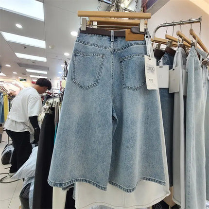 Jeans Larghi da Donna Vintage Estivi a Vita Alta in Denim Solido, Pantaloni Casual Streetwear a Gamba Larga, Jeans a Tre Quarti