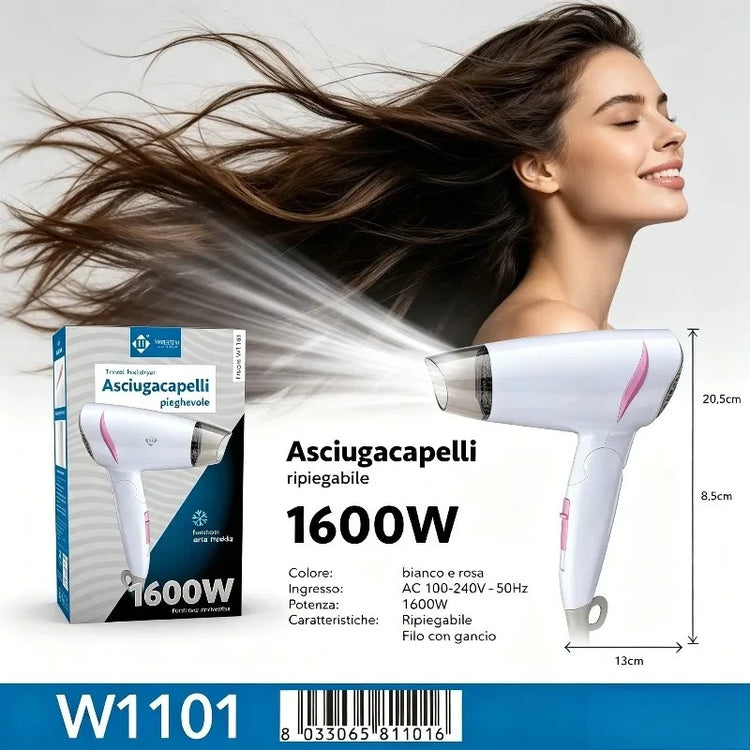 1600W Dual Voltage Hair Dryer Foldable Design 100-240V Portable Travel Hairdryer Hot Cold Air Styling Tool Hotel Use