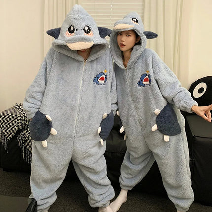 Winter Animal Onesies for Adults Homewear Flannel Sleepwear Couples Jumpsuit Winter Coral Velvet Pajamas Women Mens Loungewear