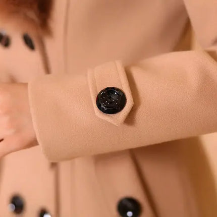 Mid Length Wool Coats Women Fur Collar Splice Blends Korean Full Sleeve Double Breasted Lace Up Belt Thick Warm Winter Jackets