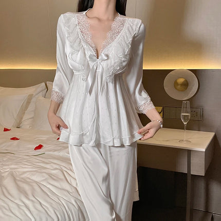 Set di indumenti da notte per la casa in raso di pizzo e pizzo da donna, pantaloni con top in pizzo dolce a V profondo, due pezzi di vestiti per la casa di grandi dimensioni bianco nero viola