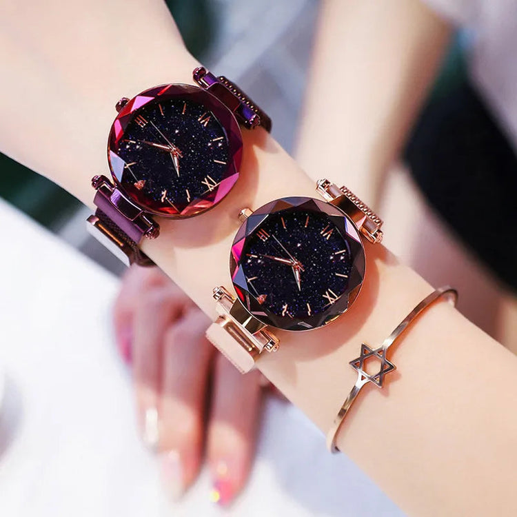 Orologi da donna con cielo stellato alla moda, fibbia magnetica, cintura in rete, orologio al quarzo con diamanti, orologio da donna platinumshop
