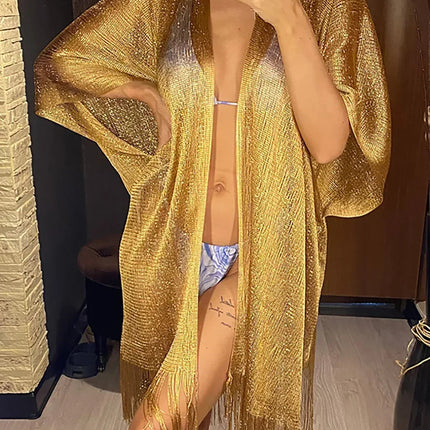Abito copricostume da spiaggia lavorato a maglia trasparente con nappe sexy con frange Tunica in rete lucida per costumi da bagno da donna Abito da spiaggia leggero con copertura in rete platinumshop