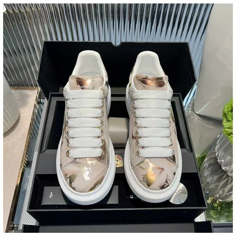 American European Fashion Casual Shoes Unisex White Platform Sneakers Man Sport Shoes In Printing Leather Women Heighten Loafers