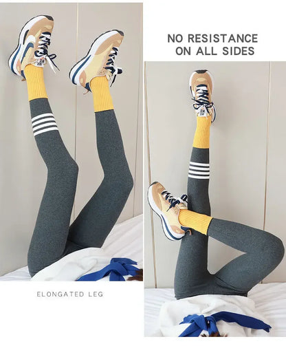 Autumn Winter Warm Thick Cotton Leggings for Women Fleece Lined Slim Fit Thermal Pants with Four Stripe Design