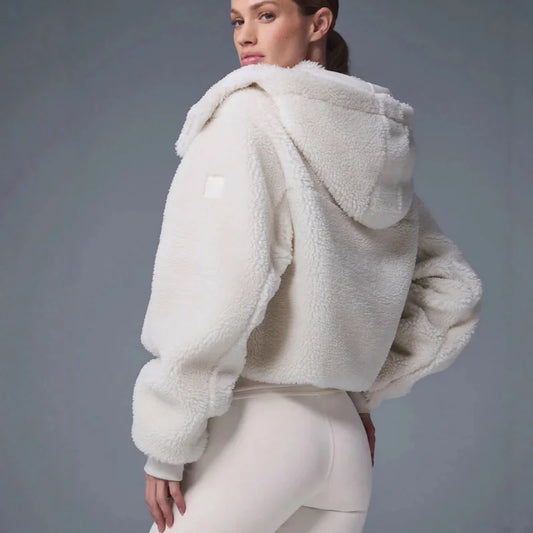 Women Sherpa Fleece Hooded Short Zip Up Jacket Soft Warm Winter Coat Cozy Puff Style Outerwear Comfortable Daily Wear for Autumn