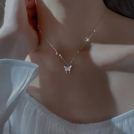 Silver Butterfly Necklace Women Crystal Zircon Pendant Necklace for Women Girl Crystal Chain Necklace Party Jewelry PlatiNum