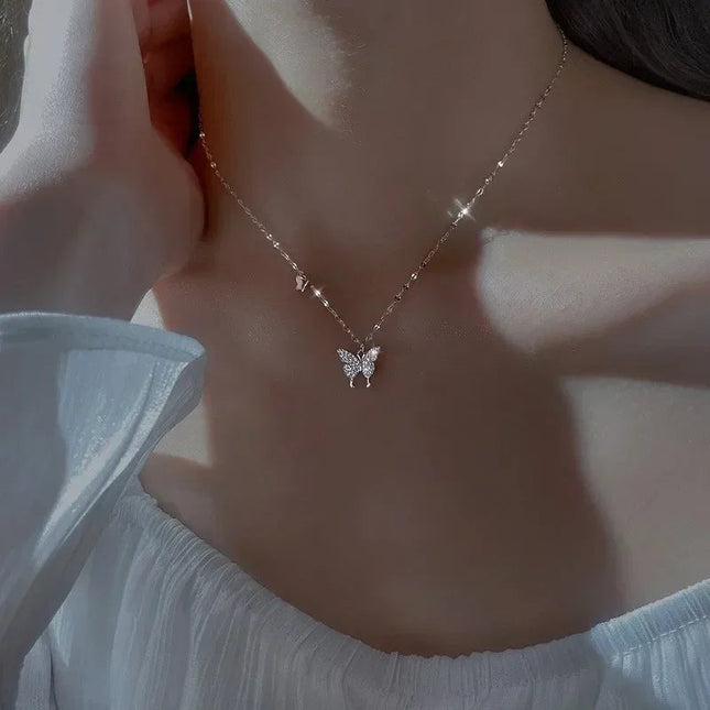 Silver Butterfly Necklace Women Crystal Zircon Pendant Necklace for Women Girl Crystal Chain Necklace Party Jewelry PlatiNum
