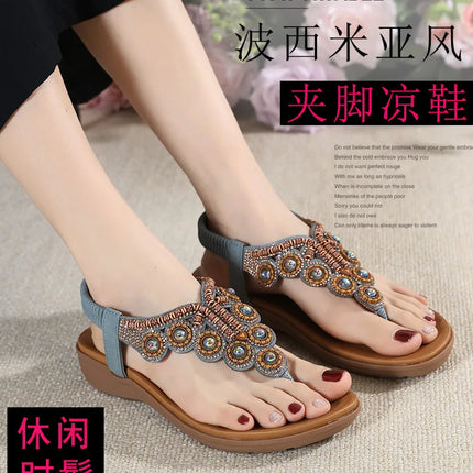 New 2026 Women's Summer Bohemian Style Sandals, Flip-Flop Design with Beaded and Rhinestone Buckle, Elastic Heel Strap, Comfortable Everyday Shoes
