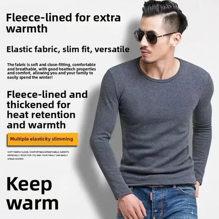 Thickened Fleece round Neck Long Sleeve Men's Base Shirt Warm Slim Fit Winter Inner Wear Casual Style T-Shirt Top PlatiNum