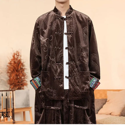 Giacca in velluto da uomo in stile cinese con stampa drago camicie da uomo tradizionale abito Tang Kung Fu Tai Chi camicie casual retrò abbigliamento da uomo