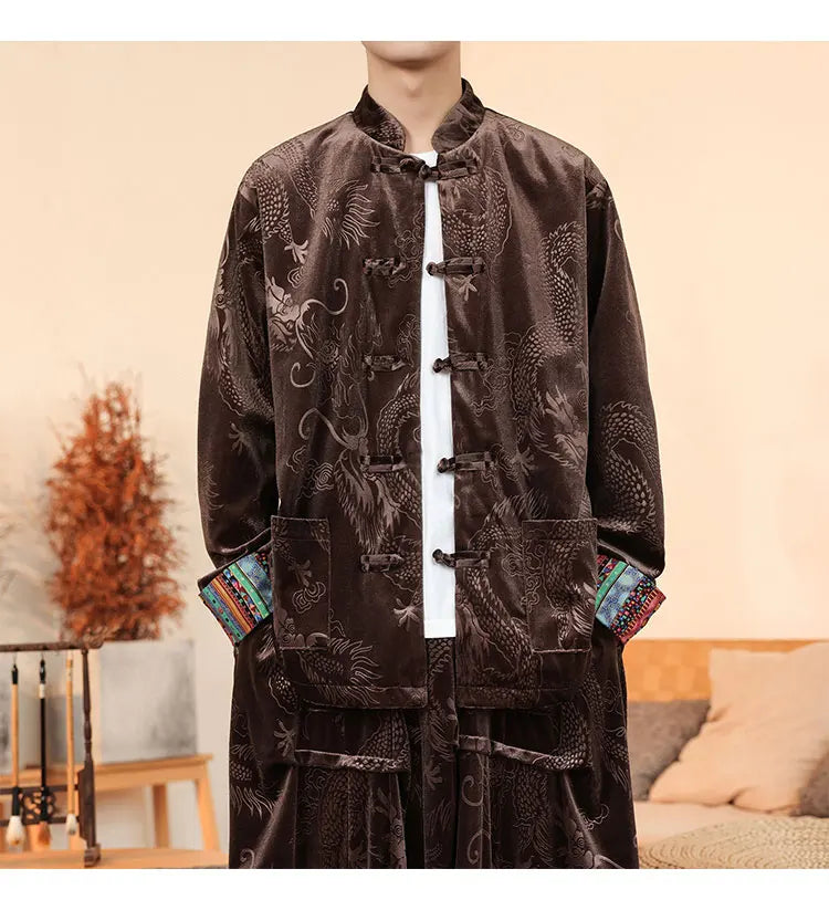 Giacca in velluto da uomo in stile cinese con stampa drago camicie da uomo tradizionale abito Tang Kung Fu Tai Chi camicie casual retrò abbigliamento da uomo