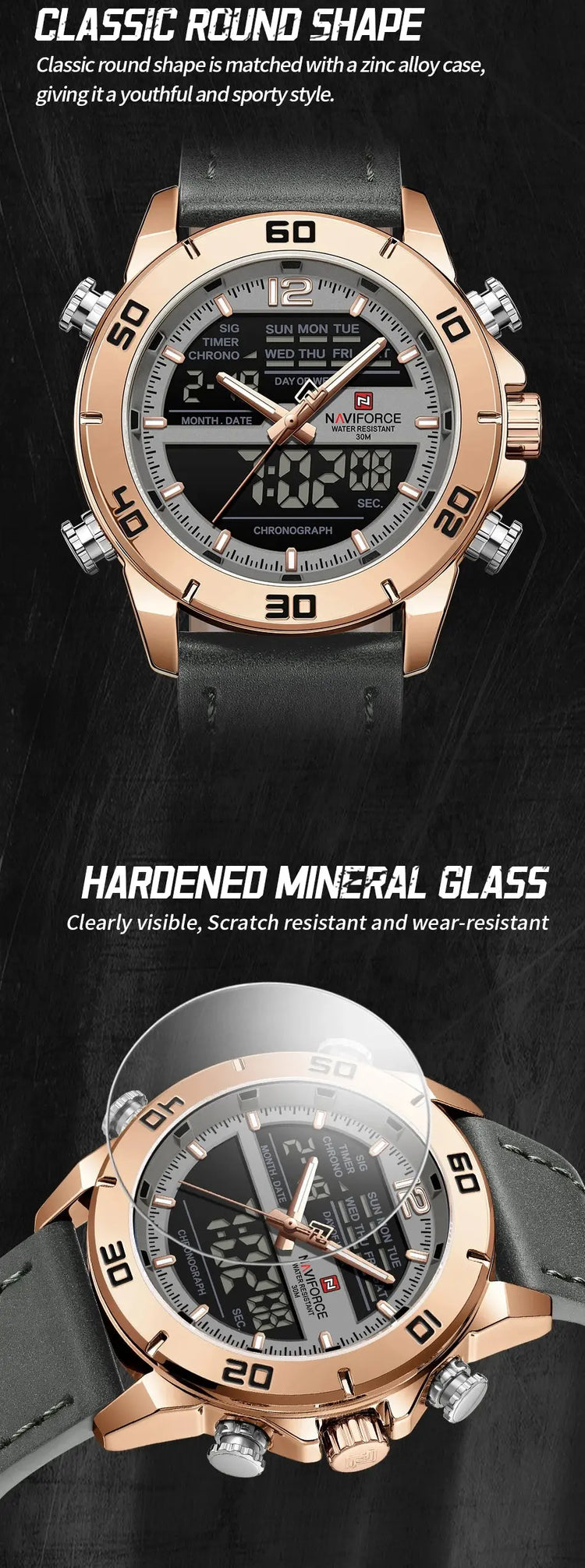 NAVIFORCE Orologio alla moda da uomo con cinturino in vera pelle Movimento al quarzo resistente all'acqua 30M Display luminoso con giorno e data F platinumshop