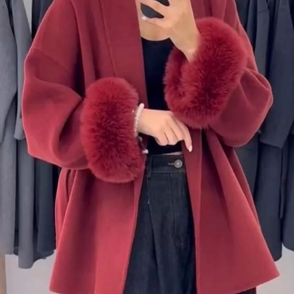 Women Grey Fur Splicing Woolen Coat Casual Belt Full Sleeve Lapel Loose Cardigan Outwear 2025 Lady Winter New Highstreet Jacket