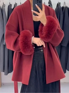 Women Grey Fur Splicing Woolen Coat Casual Belt Full Sleeve Lapel Loose Cardigan Outwear 2025 Lady Winter New Highstreet Jacket