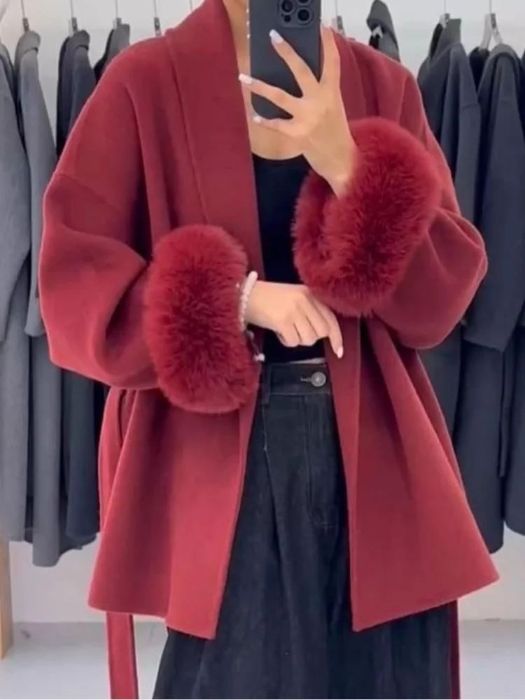 Women Grey Fur Splicing Woolen Coat Casual Belt Full Sleeve Lapel Loose Cardigan Outwear 2025 Lady Winter New Highstreet Jacket