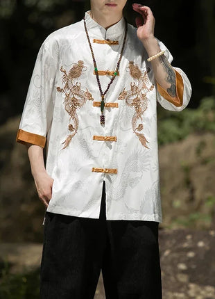 Camicia con ricamo drago dorato da uomo in seta di ghiaccio di alta qualità casual allentato a maniche corte top cardigan tradizionale kung fu retrò da uomo