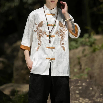 Camicia con ricamo drago dorato da uomo in seta di ghiaccio di alta qualità casual allentato a maniche corte top cardigan tradizionale kung fu retrò da uomo