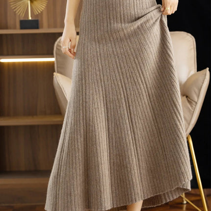 Elegant Women's Pleated Skirt 100% Merino Wool Skirt A-Line Long Skirt Soft Warm Autumn Winter Dress Slim Elastic Waist Office PlatiNum