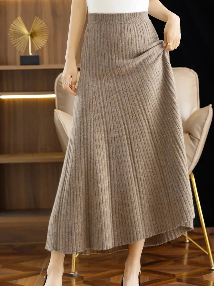 Elegant Women's Pleated Skirt 100% Merino Wool Skirt A-Line Long Skirt Soft Warm Autumn Winter Dress Slim Elastic Waist Office PlatiNum