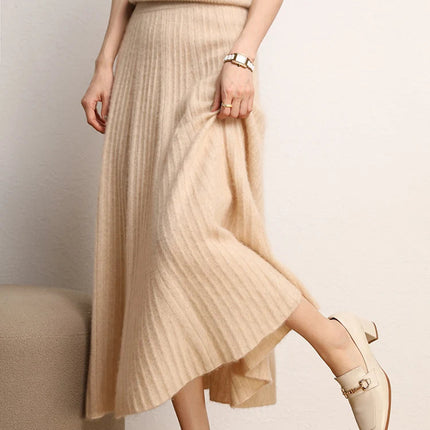 Women A-Line Pleated Skirt Cashmere High Waist Autumn Winter Large Umbrella Skirt 100% Cashmere Knitted Office Lady Casual Dress PlatiNum