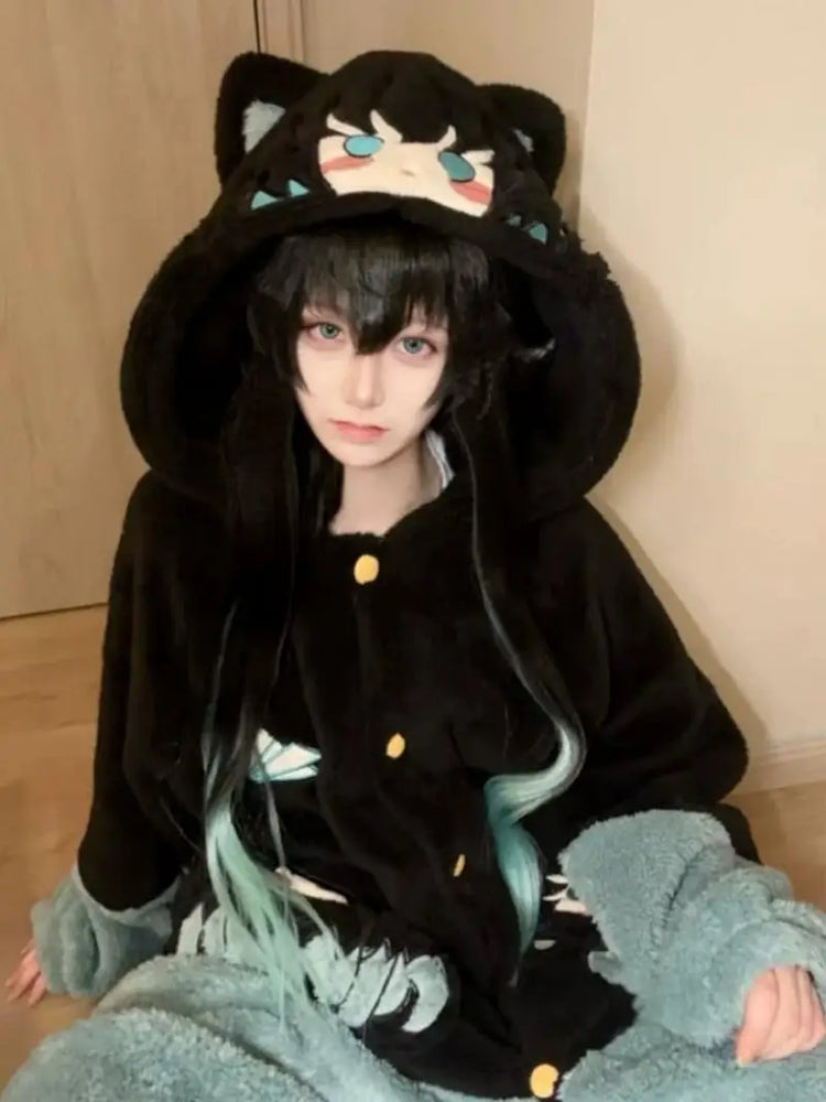 Demon Slayer Kanroji Mitsuri Tokito Muichiro Women Autumn Winter Loungewear Coral Fleece Robe  Love Hashira Cosplay Home Pajamas