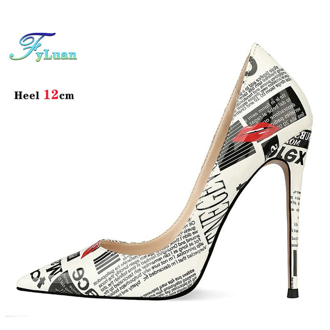 New 8CM 10CM 12cm Pointed Women's Party Shoes Graffiti Ultra High Heels Fashion Shows Princess Shoes Female Stiletto Size 34-44