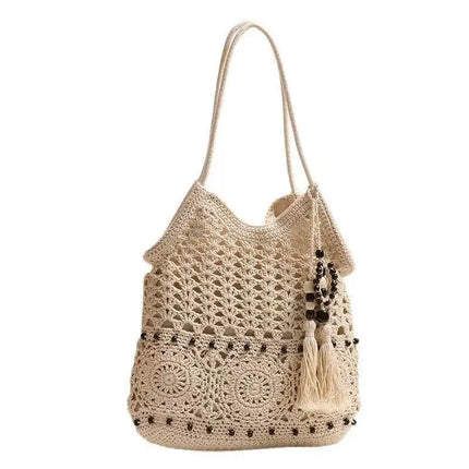 Women Crochet Tote Bag White Openwork Knit Handbag with Beaded Fringe Charm Long Adjustable Straps Boho Beach Bag