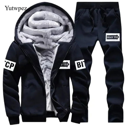 M-6XL Men's Winter 2 Piece Tracksuit Set, Thickened Warm Hooded Coat & Sweater, Outdoor Hiking Cycling Camping Running Outerwear
