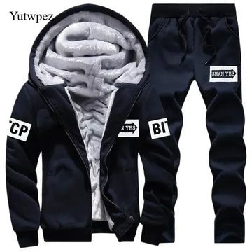 M-6XL Men's Winter 2 Piece Tracksuit Set, Thickened Warm Hooded Coat & Sweater, Outdoor Hiking Cycling Camping Running Outerwear