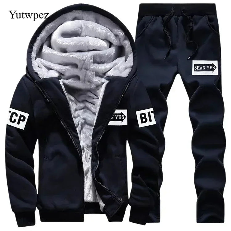 M-6XL Men's Winter 2 Piece Tracksuit Set, Thickened Warm Hooded Coat & Sweater, Outdoor Hiking Cycling Camping Running Outerwear