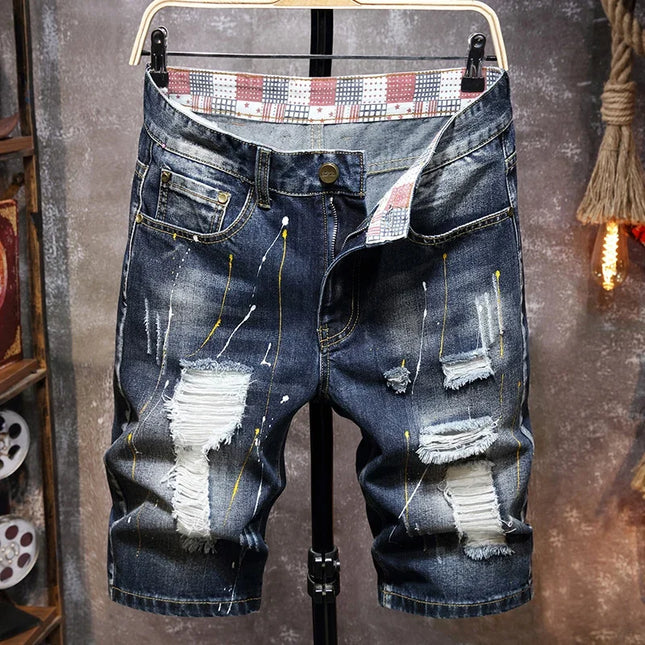 Verano de 2025 Nuevos Hombres de Moda Graffiti Roto Jeans Cortos Casuales Slim Agujero Grande Estilo Retro Pantalones Cortos de Jean Masculinos Ropa de Marca