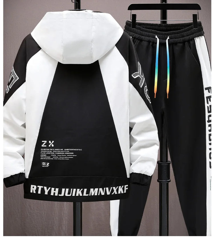 Winter Warm Hooded patchwork Jacket+Pant 2-piece Set Men Set Sports Suit Fleece Thickened Sportswear Casual Men Tracksuit
