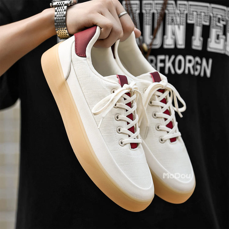 Men's Linen Canvas Platform Sneakers, Breathable Low‑Top Casual Skate Shoes, Retro Contrast Tan Trim Design, Soft Cushioned Thic